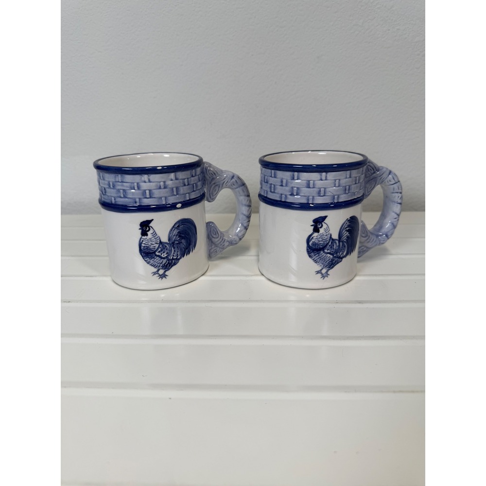 Seymour Mann Blue Rooster Hand Painted Faience Mugs Set of 2 French Country Blue
